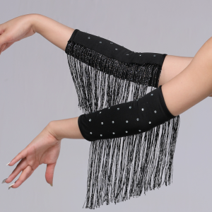 GOUPO Performance Stage Latin Dance Fringed Sleeves Flash Drilling Rhinestone Womens Arm Sleeves Portable Latin Dance Costumes Fringe Rhinestones Wrist Sleeves Women