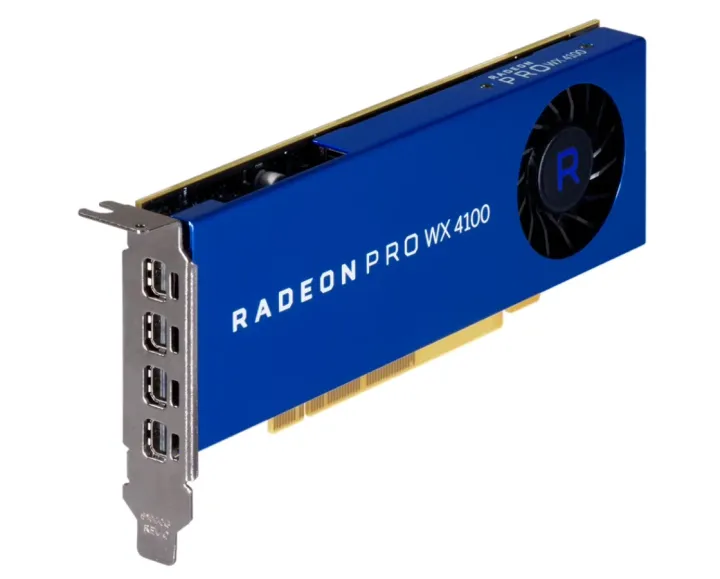AMD Radeon Pro WX 4100 graphics card with three DisplayPort outputs and single fan cooling.