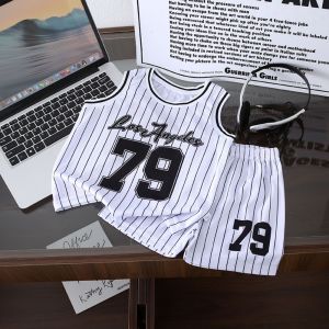 AILEBE Kids Sets Terno Striped Sleeveless Sando Shorts Set Breathable Quick-Dry Mesh Summer Activewear Letter Number Print Loose Comfy Fit Pambahay OOTD For Baby Boys Girls 1-8 Years