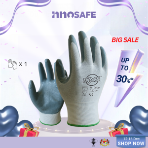 INNOSAFE Nitrile Cotton Glove Grey & White Protective Gloves with Slight Oil Resistance and Abrasion Resistance Sarung Tangan