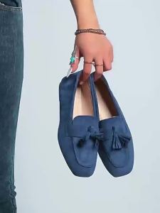 Plus Size 2026 Spring/Autumn New Square-Toe Loafers Suede Tassel Slip-On Casual Moccasins