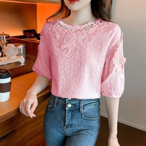 LH.Bigsize Newww 🌟เสื้อแฟชั่นผู้หญิงสีขาว เสื้อลูกไม้สวยๆออกงาน ดีไซน์คอเสื้อแต่งลูกไม้ 🌻 เเท็กเจอร์เนื้อผ้าเป็นลายฉลุ เข้าวัดทำบุญ งานบุญ งานบวช คือเริ่ดไม่ไหว