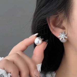 BEAP Elegant Snowflake Earrings for Women Cubic Zircon Fashion Imitation Pearl Earrings Ear Stud Jewelry Gift Snow Flower Stud Earrings For Wedding