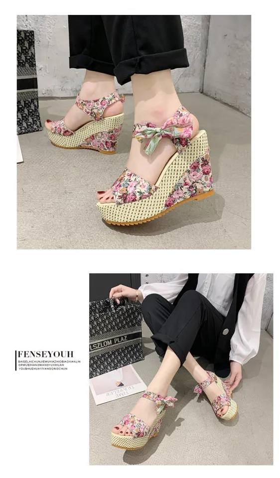 Women Summer Wedge Sandals Female Open Toe Floral Bowknot Platform Bohemia  High Heel Sandal Fashion Ankle Strap Ladies Shoes