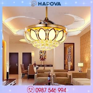 Đèn quạt trần trang trí pha lê dấu cánh HAPOVA KEYLIN 8015 Động cơ 6 số + Tặng kèm điều khiển từ xa