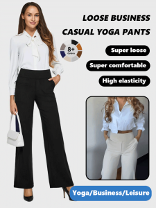 Business Casual Straight High Waist Loose Knit Yoga Pants Pocket Design