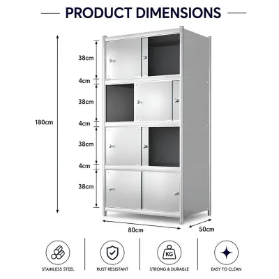 CompactSteel​​ store Heavy Duty Stainless Steel Storage Cabinet with Sliding Doors 4-Tier Dustproof Rustproof Kitchen Pantry Organizer Shelf Large Capacity Storage Rack