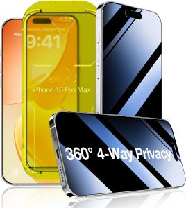 Fotbor [3 Pack] Privacy Screen Protector compatible with iPhone 16 Pro Max 4-Way 360 °    Tempered Glass with Auto-Alignment Fast Install Tray Ion-Exchange Strengthened 9H Hardness