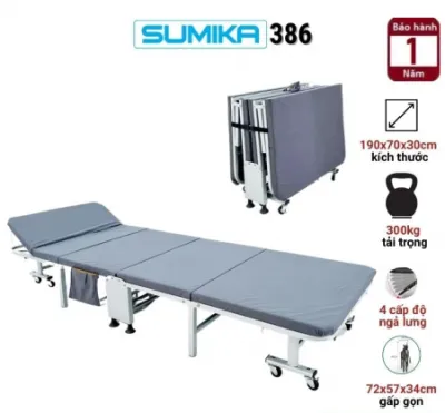 (HỎA TỐC HCM) Giường xếp gấp gọn đa năng di động SUMIKA 386 386A có nệm Rộng 70cm 90cm khung thép có bánh xe di chuyển