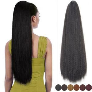 NOVELLEO Kẹp dây rút Bím tóc đuôi ngựa thẳng dài Yaki Mềm mại Tổng hợp Phần nối tóc đuôi ngựa Afro Phụ kiện tóc Tóc giả Mái tóc giả màu đen nâu dành cho phụ nữ