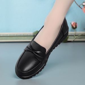 IELGY Non-slip working womens black leather shoes comfortable soft flat mules