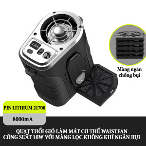 Quạt thổi gió làm mát cơ thể Waistfan công suất 10W màng lọc gió chống bụi điều chỉnh tăng giảm 5 cấp độ gió có đèn led chiếu sáng khẩn cấp
