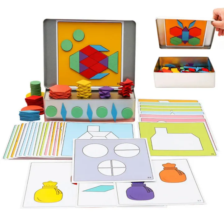 ของเล่นไม้ Tangram Puzzle ของเล่นเด็กเหล็กกล่องไม้150PCS Magnetic Tangram Graphic Card Matching Multi-Function Play ของเล่นเพื่อการศึกษา Set