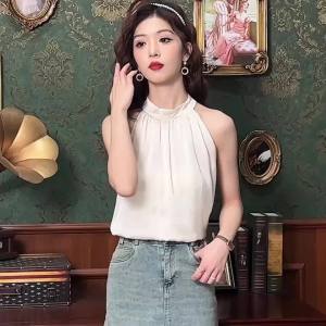 AMMIN เสื้อเบลาส์เปิด-ปิดเรียบง่ายสะพายไหล่สำหรับผู้หญิงเสื้อเบลาส์แขนกุดแฟชั่นสไตล์สไตล์เกาหลีดีไซน์หรูหรา2024ฤดูร้อนเสื้อชีฟองสีทึบ