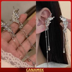 Miễn phí vận chuyển✨ 1 đôi khuyên tai dạng kẹp hình bướm tua rua với họa tiết đôi cánh thiên thần bằng kim loại lỏng không cần xỏ lỗ thiết kế punk thời thượng trang sức kẹp tai dài cho nữ