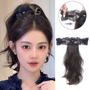 OOG Elegant Snap Ring Butterfly Decor Wig Synthetic Easy Wear Pony Tail Hairpiece Sweet Hair Extensions Long Wavy Layered Ponytail for Women