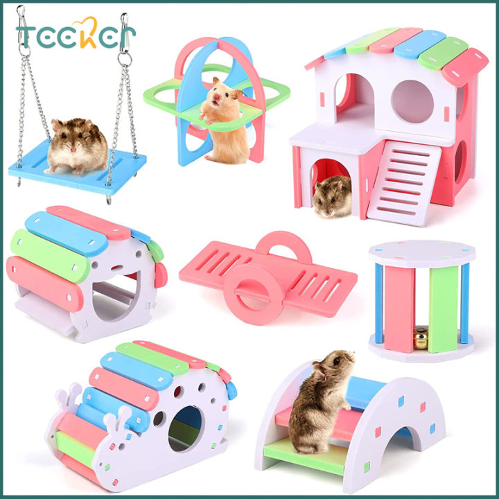 Curated visual reference: Visual Reference: Teeker Rainbow Hamster Toys Dwarf Hamsters House Wooden Gerbil Hideout