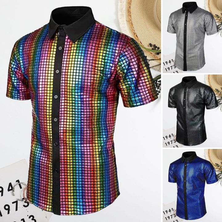Men Sparkle Sequin Short Sleeve Shirt Shiny Dot 70s Disco
