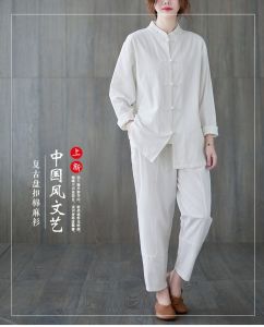 Cotton and Linen Chinese Style Stand-up Collar Frog Button Top Womens Suit Chinese Style Tai Ji Suit plus Size Meditation Clothing Tea Clothes Two-Piece Set