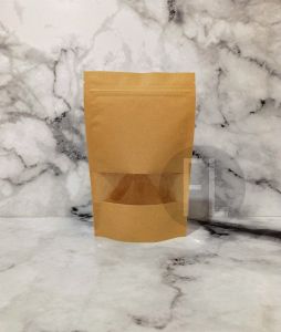 Flonel 100pcs Standing Pouch Brown Kraft Paper Window Ziplock - Amplop Kemasan Kopi Teh Klip Jendela
