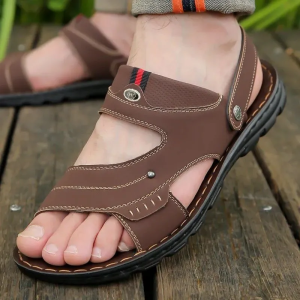 Comfortable Shock Absorption Mens Leather Sandals Summer Non-slip Adjustable Strap Casual Walking Shoes for Outdoor or indoor