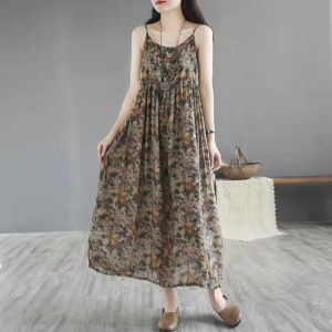 FRAN New Retro Floral Suspender Dress for Women Casual Cotton and Linen Long Dress