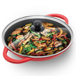 Hawkins 3 Litre Shallow Wok (Kadhai) Die Cast Non Stick Frying Pan with Glass Lid Ceramic Coated Pan Shallow Induction Frying Pan Red (IDCSK3G)