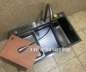 Chậu Rửa Bát 1 Hố Inox Mạ Nano Liền Cụm Vòi Rút Đa Năng Có Xả Thác Nước