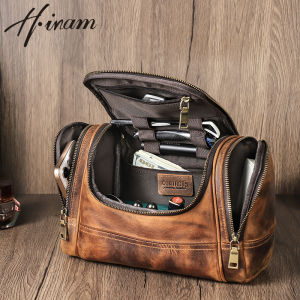 Hiram Men Genuine Leather Retro Travel Toiletry Bag Cosmetic Washing Shower Organizer Handbag Large Capacity Bags