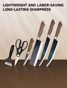 Goldstar 6Pcs  Household Kitchen Sharp Black Non stick Stainless Steel Hammer Pattern Combination Set with Meat Knife Peeling Knife Fruit Knife
