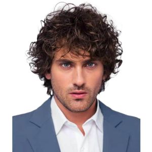 New European and American mens wig fluffy dark brown wig bangs anti-warping short hair curly hair