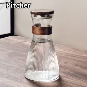 Elegant Striped Borosilicate Glass Pitcher and Cup Set with Wooden Lid and Ring Heat and Cold Resistant Drinkware
