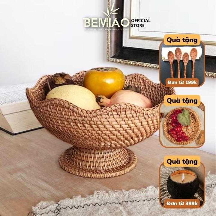 Mâm bồng mây tre đan có chân đế Khay mây đựng hoa quả Giỏ mây trang trí ...