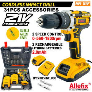 MYDIYHOMDEPOT - Allefix 31pcs Accessories 21V Cordless Impact Drill 2 Speed Gerudi Untuk Kayu Logam Cordless Drill