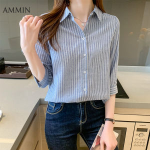 AMMIN summer new blue lapel vertical striped single breasted chiffon shirt womens Korean style commuter three-quarter sleeve loose and elegant blouse female ins tops