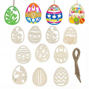 SJJL 10Pcs Make Your Own Easter Egg Craft Kit Wood Multi-Pack Easter Egg Hanging Ornaments Creative Coloring DIY Easter Crafts Art Activities