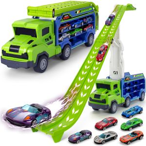 Kids Toys for 3 4 5 6 7 8 Years Old Boys Carrier Truck Transport Car Toys Foldable 2 Layer Car Race Track Playset with 25-in Race Track 6 Metal Toy Cars Birthday Toy Gift for Toddler Boys Girls