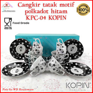 KOPIN 6pasang cangkir set keramik motif polkadot hitam KPC-04 / tea set porcelain cup and saucer oven & microwave safe