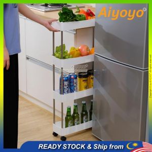 Space Saver Slim Slide Storage Kitchen Rack Rak Dapur Troli Organizer Stainless Steel Gap Trolley Cabinet Rolling