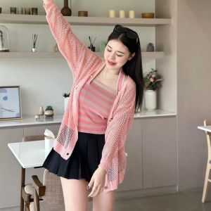 🌈SpinnyHouse🌈ชุดเซ็ต2ชิ้น เสื้อสายเดี่ยวผ้าไหมพรมยืด+เสื้อคลุมถักรู สาวอวบใส่ได้ 😊 ใส่ออกงานได้ รุ่น ลำใย