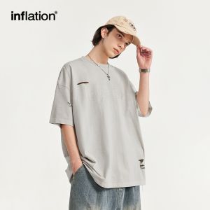INFLATION brand mens youth tattered texture embroidered T-shirt for spring/summer 2024 new street trend brand loose and personalized short sleeves