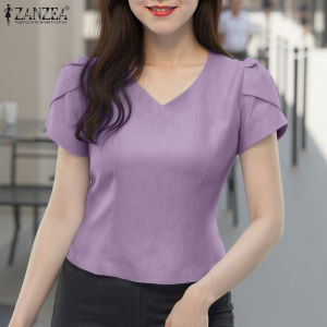 ZANZEA Korean Style Women Formal Office V-Neck Irregular Blouses Short Sleeve Solid Color OL Work Top #0407