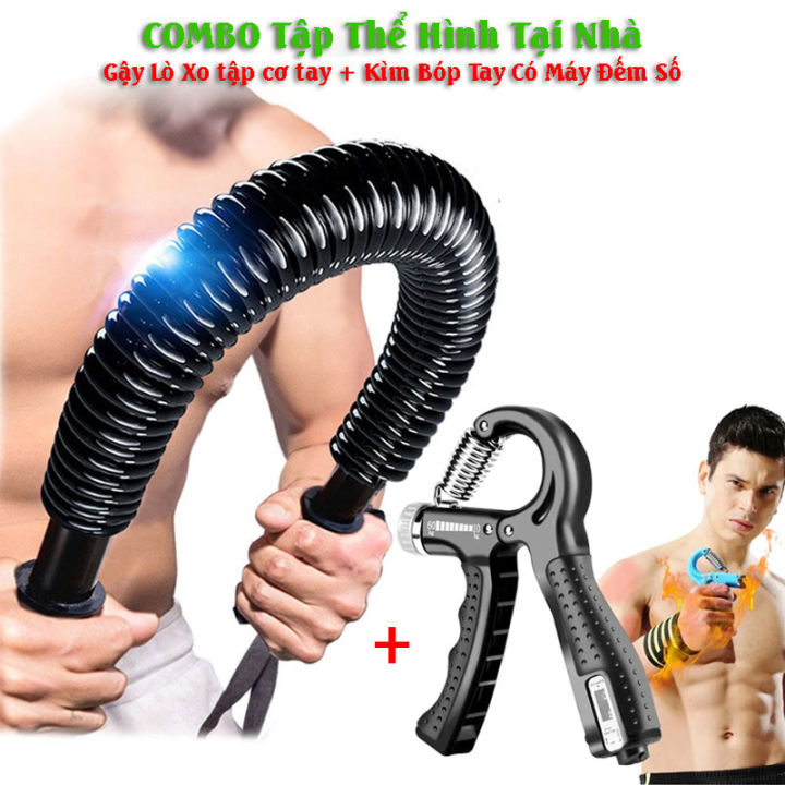 COMBO 2 tập cơ tay tại nhà, 1 Gậy tập cơ tay, Gậy bẻ tập cơ tay lò xo đàn hồi Titan 20kg, 1 kìm bóp tay có máy đếm số chỉnh lực bóp 5-60kg