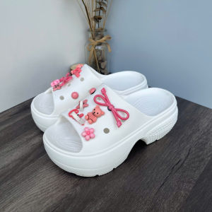 Dép nữ quai ngang đúng nguyên khối đính charm gấu hồng thời trang ( 312 gấu hồng )