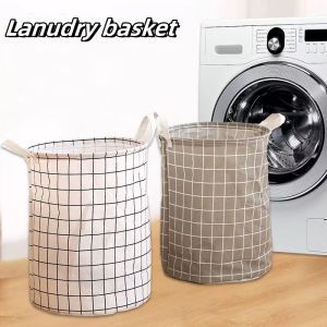 Household Dirty Clothes Basket Toy Storage Bucket Plaid Fabric Cotton Linen Dirty Clothes Basket Large Foldable Waterproof Storage
