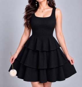 LC Zoey Square Neck Sleeveless Tiered Dress in Stretchable Bark Crepe for Formal Occasions Womenswear Unique Stylish Design Fits Medium to Semi Large Size - Fabric