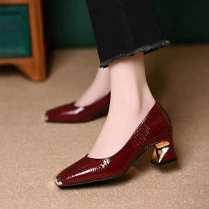 Free Shipping Square-Toe WomenS Shallow Pumps With Chunky Heels Mid-Heel Shoes For Spring And Autumn Fashionable Metal Toe Design Versatile Footwear