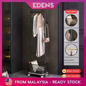 EDENS Standing Clothes Hanger Floor Bedroom Office Room Clothes Rack Living Room Coat Rack With Minimalist Basket Penyangkut Rak Baju - Fulfilled by Edens