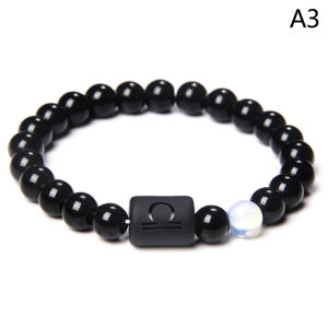 pamelaea 12 Constellation Zodiac Signs Beads Couple Bracelet Natural Black Onyx Stone Elastic Charm Bracelet for Women Men