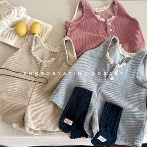 deer jonmi 2026 New Spring Baby Girls Corduroy Jumpsuits Knee Length Korean Style Lace Sleeveless Children Suspenders Pants2026